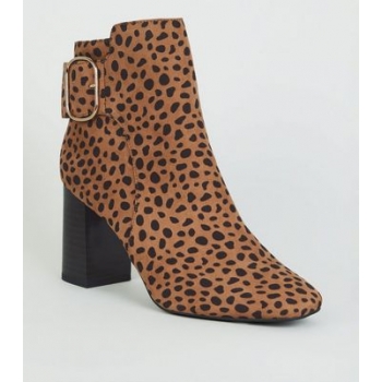 Brown Leopard Print Buckle Suedette Block Heels