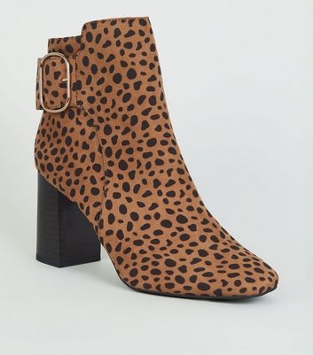 Brown Leopard Print Buckle Suedette Block Heels