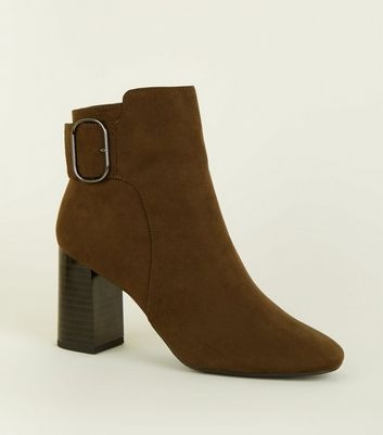 Khaki Oval Buckle Suedette Block Heels