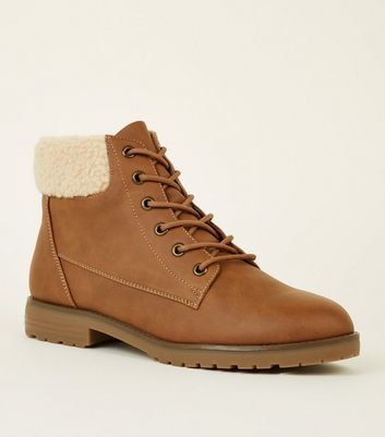 Tan Teddy Cuff Flat Lace Up Boots