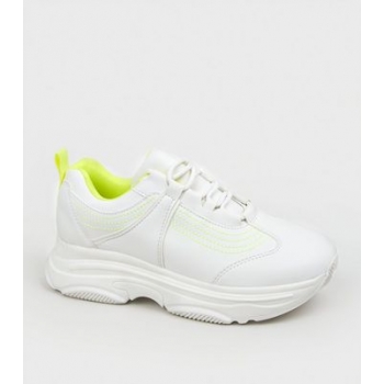 White Leather-Look Neon Trim Chunky Trainers