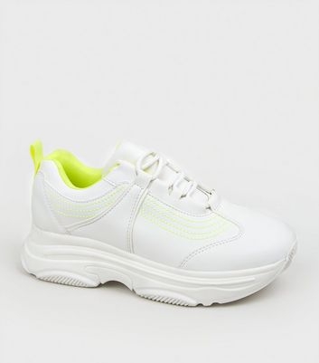 White Leather-Look Neon Trim Chunky Trainers