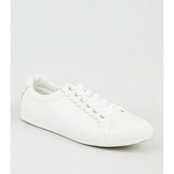 Wide Fit White Leather-Look Scallop Trim Trainers