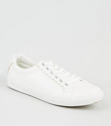 Wide Fit White Leather-Look Scallop Trim Trainers