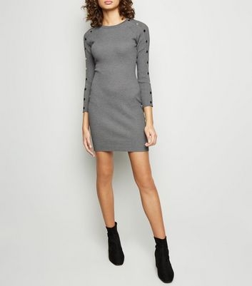 Tokyo Doll Grey Ribbed Popper Sleeve Bodycon Dress