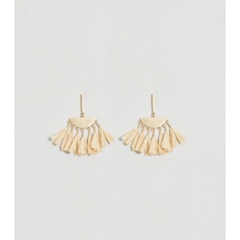 Cream Woven Raffia Tassel Half Moon Earrings