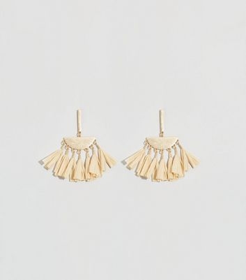 Cream Woven Raffia Tassel Half Moon Earrings