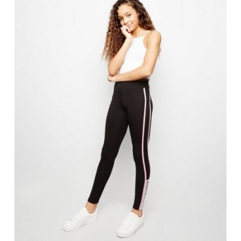 Girls Black Slogan Side Hem Leggings