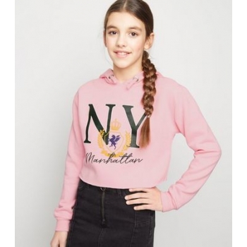 Girls Pink Crest NY Slogan Hoodie