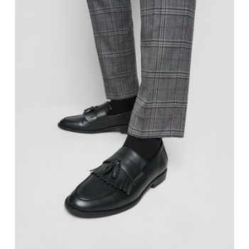 Black Leather-Look Fringe Tassel Loafers