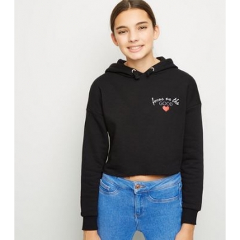 Girls Black Focus Slogan Heart Hoodie