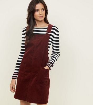 Burgundy Corduroy Pocket Front Pinafore Dress