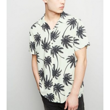 Black Palm Print Revere Collar Shirt