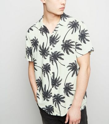 Black Palm Print Revere Collar Shirt