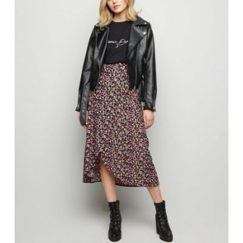 Black Bright Floral Wrap Midi Skirt