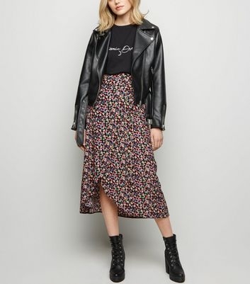 Black Bright Floral Wrap Midi Skirt