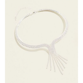 Silver Premium Diamanté Tassel Torque Necklace