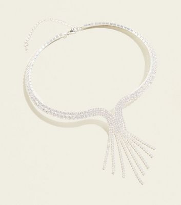 Silver Premium Diamanté Tassel Torque Necklace