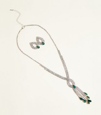 Green Premium Diamanté Teardrop Necklace and Earrings Set