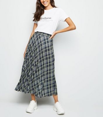 Black Check Print Pleated Midi Skirt