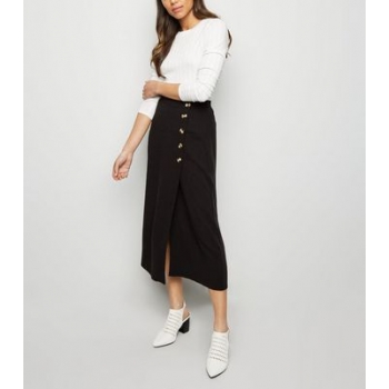 Black Linen Look Button Up Midi Skirt