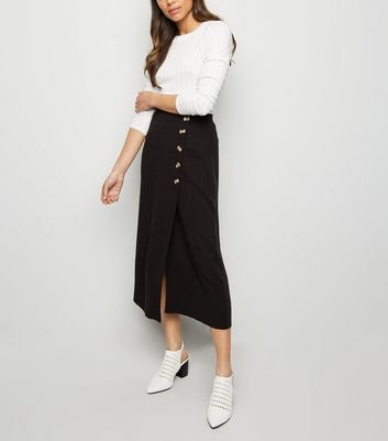 Black Linen Look Button Up Midi Skirt