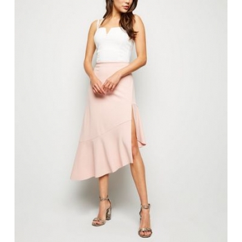 Pale Pink Frill Hem Asymmetric Midi Skirt