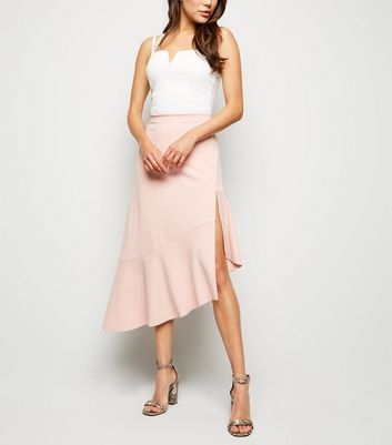 Pale Pink Frill Hem Asymmetric Midi Skirt