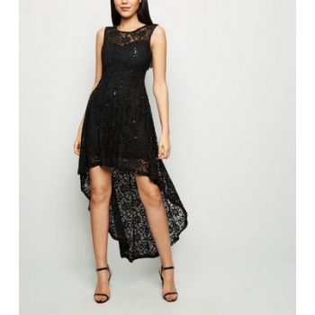 Apricot Black Sequin Lace Dip Hem Dress