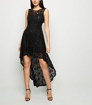 Apricot Black Sequin Lace Dip Hem Dress