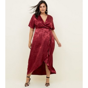 Curves Burgundy Floral Satin Dip Hem Dress