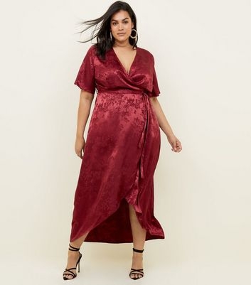 Curves Burgundy Floral Satin Dip Hem Dress