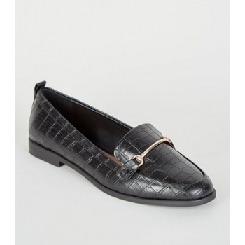 Black Faux Croc Pointed Loafers