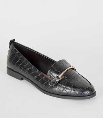 Black Faux Croc Pointed Loafers