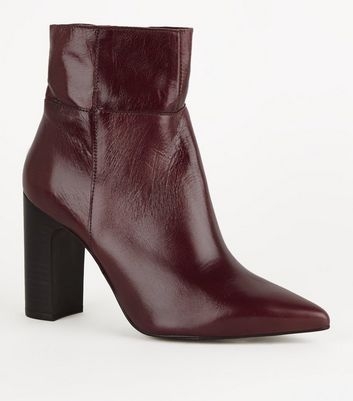 Dark Red Premium Leather Block Heel Boots