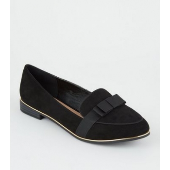 Wide Fit Black Suedette Metal Trim Bow Front Loafers