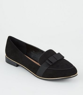 Wide Fit Black Suedette Metal Trim Bow Front Loafers