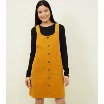 Mustard Button Front Corduroy Pinafore Dress