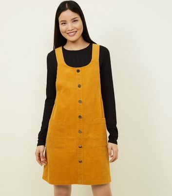 Mustard Button Front Corduroy Pinafore Dress