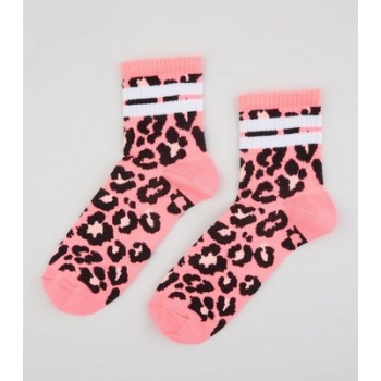 Pink Neon Leopard Print Sport Stripe Socks