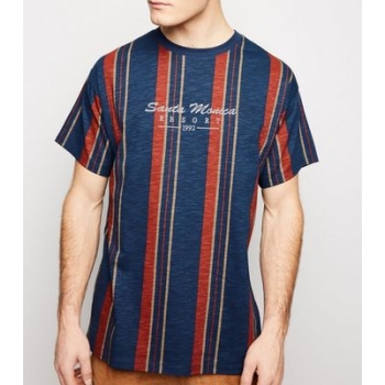 Navy Vertical Stripe Santa Monica Embroidered T-Shirt