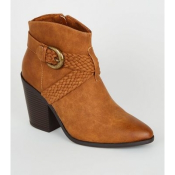 Tan Woven Strap Heeled Western Boots