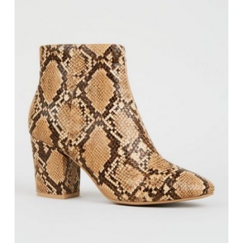 Brown Snake Print Block Heel Boots