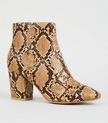 Brown Snake Print Block Heel Boots