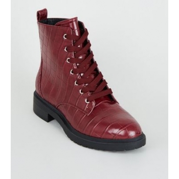 Wide Fit Burgundy Faux Croc Lace Up Boots