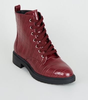 Wide Fit Burgundy Faux Croc Lace Up Boots