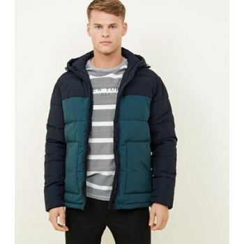 Teal Hooded Colour Block Puffer Coat