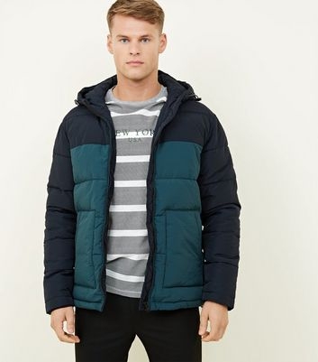 Teal Hooded Colour Block Puffer Coat