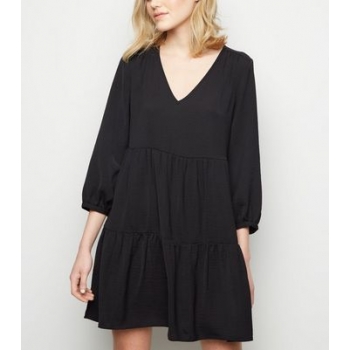 Black Herringbone Smock Dress