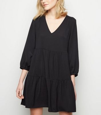 Black Herringbone Smock Dress